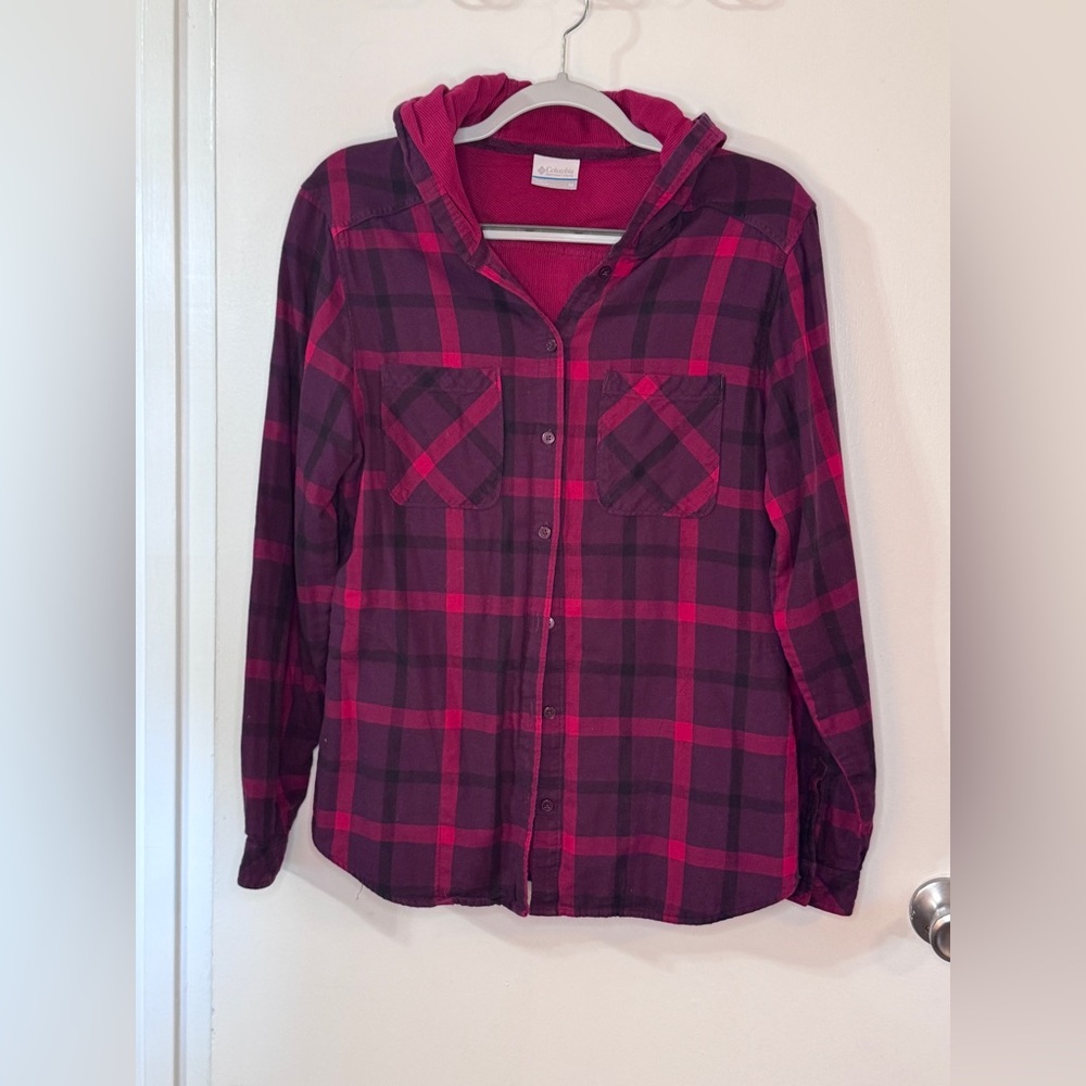Columbia Pink and Purple Plaid Hooded Button-Cotton Down Shirt size medium